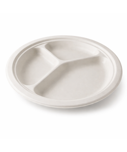 Compostable bagasse plate 10” (25.4 cm) 3 compartments PFAS-free